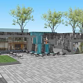 Stylish Restaurant Exterior With Glass Facade Portrait Posters And Outdoor Seating
