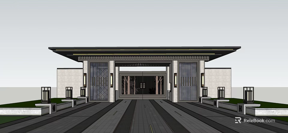 Traditional Chinese Entrance Gate with Classic Roof Stone Columns and Pathway Paving 3d model 