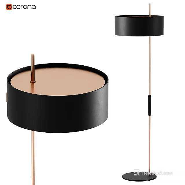 Modern Black Floor Lamp With Copper Metal Stand And Round Shade 3d model 