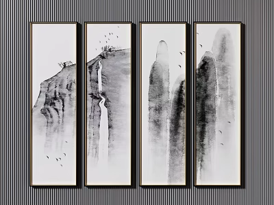 Four Panel Black And White Ink Paintings With Mountain Waterfall And Flying Birds 3d model