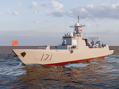 White Hull Red Bottom Warship Number 171 With Radar Equipment Sailing On Sea Under Sky 3d model