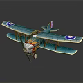 Blue Biplane Model With White Circular Markings Orange Cockpit Green Propeller For Space Themed