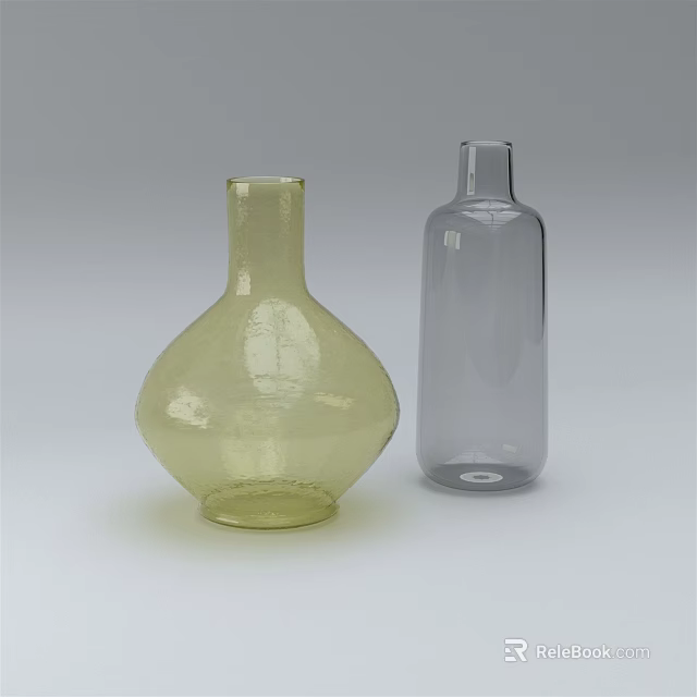 Yellow Bulbous And Clear Slender Glass Vases For Home Decoration 3d model 