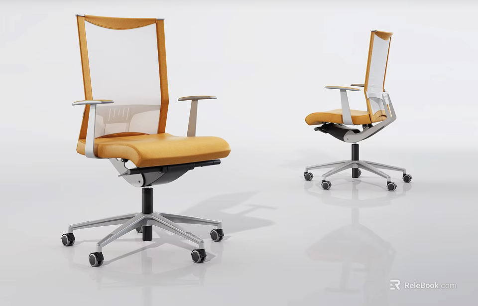 Modern Office Chairs With Mesh Backrest Orange Seat Armrests And Metal Base Wheels 3d model 