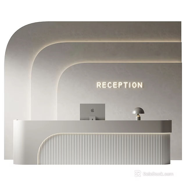 Modern Reception Area With White Desk Computer Round Lamp And Soft Lighting 3d model 