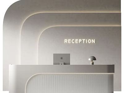Modern Reception Area With White Desk Computer Round Lamp And Soft Lighting 3d model