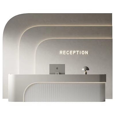 Modern Reception Area With White Desk Computer Round Lamp And Soft Lighting 3d model