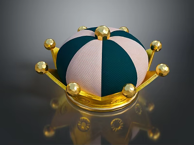 Stylish Green And White Striped Fabric Crown With Gold Ornaments And Base 3d model