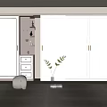 Modern White Wardrobe Interior Design With Sliding Doors Brass Handles Dresser And Potted Plant