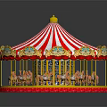 Children Riding Colorful Carousel With Red White Striped Canopy And Golden Decorations