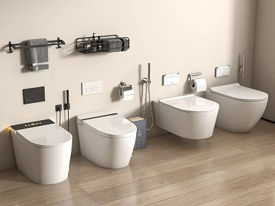 Modern Bathroom Toilets In Various Styles With Towel Racks And Accessories 3d model
