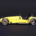 Yellow Vintage Convertible Roadster With Blue Seats Black Stripes And Black Wheels