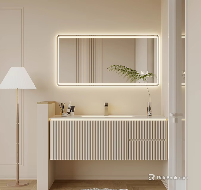 Modern Bathroom Vanity With Striped Cabinet LED Mirror And Fern Plant On Beige Wall 3d model 