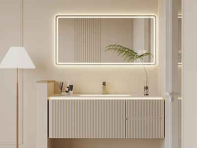 Modern Bathroom Vanity With Striped Cabinet LED Mirror And Fern Plant On Beige Wall 3d model