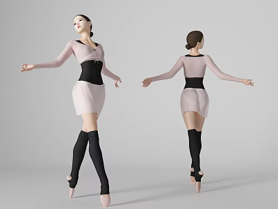 Women Dancing in Pink Dress Black Corset Long Sleeves Black Knee High Socks Pointe Shoes 3d model