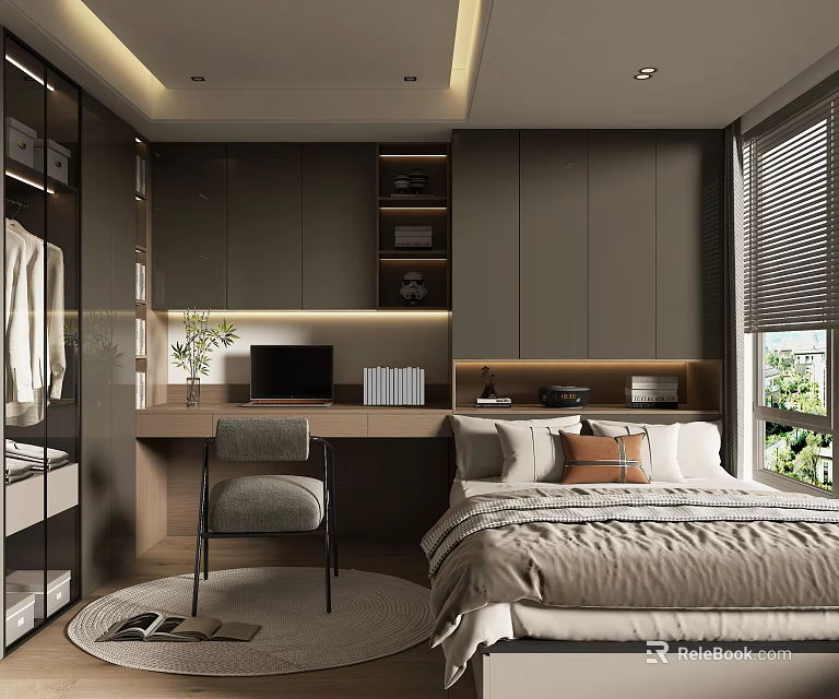 Modern Tatami Bedroom Interior With Built-in Dark Cabinets Desk Chair And Cozy Bedding 3d model 