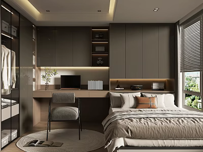 Modern Tatami Bedroom Interior With Built-in Dark Cabinets Desk Chair And Cozy Bedding 3d model