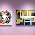 Multiple Abstract Paintings With Various Colors And Different Patterns Displayed On Pink Wall 3d model