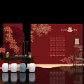 Chinese Traditional Wedding Decoration With Red Backdrop Golden Patterns And Double Happiness Symbol