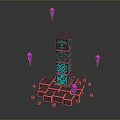 Enchanting Landscape With Mystical Tower Blue Glowing Green Patterns Purple Pyramids And Gray Block Base