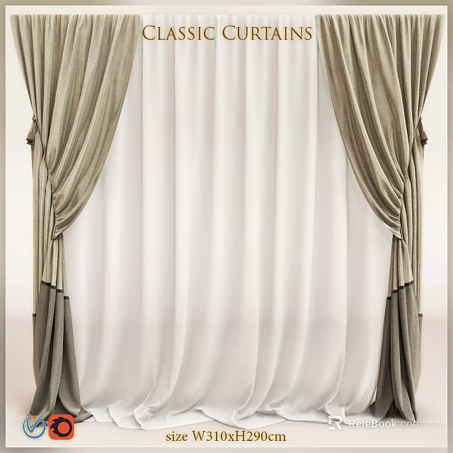 Elegant Luxury Curtains With Beige Brown And White Double Layer Sheer Flowing Drapes 3d model 