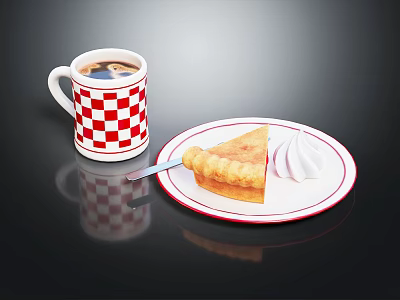 Slice of Delicious Pie With Whipped Cream And Red White Checkered Coffee Cup On Plate 3d model