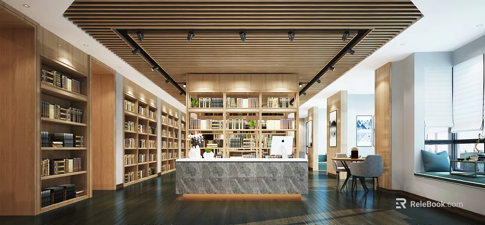 Modern Book Art Space With Wooden Shelves And Reception Desk 3d model 