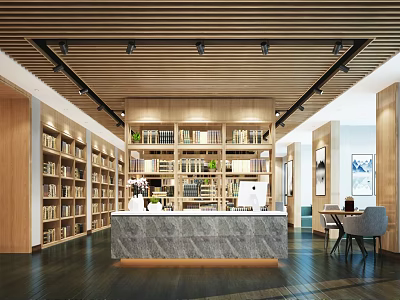 Modern Book Art Space With Wooden Shelves And Reception Desk 3d model