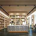 Modern Book Art Space With Wooden Shelves And Reception Desk