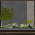 Zen Courtyard Garden Design With Stone Wall Bamboo Green Plants And Wooden Platform