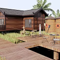Traditional Wooden Guesthouse With Tiled Roof Palm Trees And Rice Field View