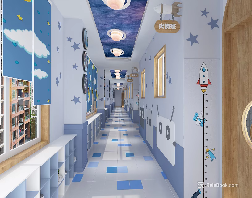 Elevator Corridor With Blue White Walls Star Cloud Rocket Decor And Height Ruler 3d model