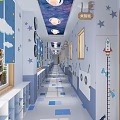 Elevator Corridor With Blue White Walls Star Cloud Rocket Decor And Height Ruler 3d model