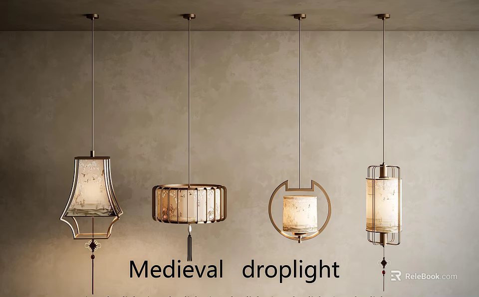 Medieval Droplight Designs With Metal Frames And Fabric Shades 3d model