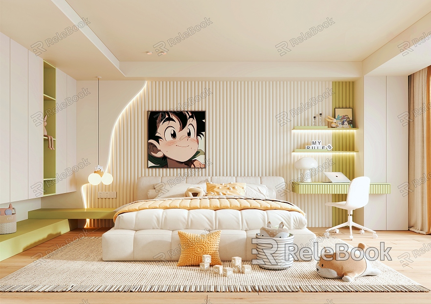 Cream Style Children's Room Fabric Double Bed Wardrobe Computer Desk Computer Chair Chandelier Jewelry Ornaments model