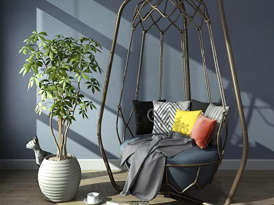 Indoor Hanging Chair With Metal Frame Woven Design Blue Cushion Colorful Pillows And Green Plant 3d model