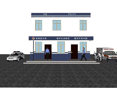 Two Story Police Station Building With Windows Police Officers Police Car And Motorcycle 3d model