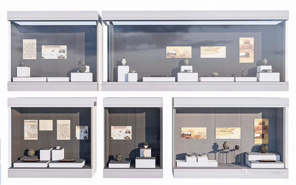 Exhibition Display Cases With Exhibits Pictures And Text Descriptions On White Platforms 3d model 