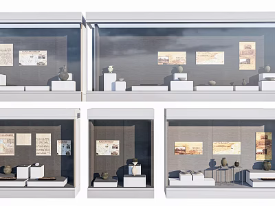 Exhibition Display Cases With Exhibits Pictures And Text Descriptions On White Platforms 3d model