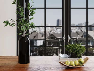 Green Plants In Black Vase On Wooden Table Against City View Through Window 3d model