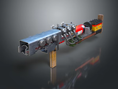 Mechanical Weapon with Metal Components Red Black Color Scheme Mounted on Wooden Stand 3d model