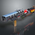 Mechanical Weapon with Metal Components Red Black Color Scheme Mounted on Wooden Stand
