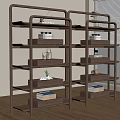 Modern Dark Wood Display Shelves With Multiple Layers And Decorative Items In Bright Room