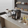 Modern Coffee Bar With Espresso Machines Cups Bean Bags And Supply Shelves