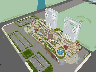 Modern Hotel Building Featuring Twin Towers Landscaped Gardens And Parking Areas 3d model