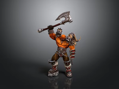 Muscular Man in Orange Armor Wielding Large Battle Axe with Horned Helmet 3d model