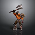 Muscular Man in Orange Armor Wielding Large Battle Axe with Horned Helmet