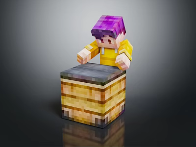 Minecraft Style Character With Purple Hair And Yellow Shirt Interacting With Wooden Chest 3d model