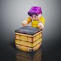 Minecraft Style Character With Purple Hair And Yellow Shirt Interacting With Wooden Chest