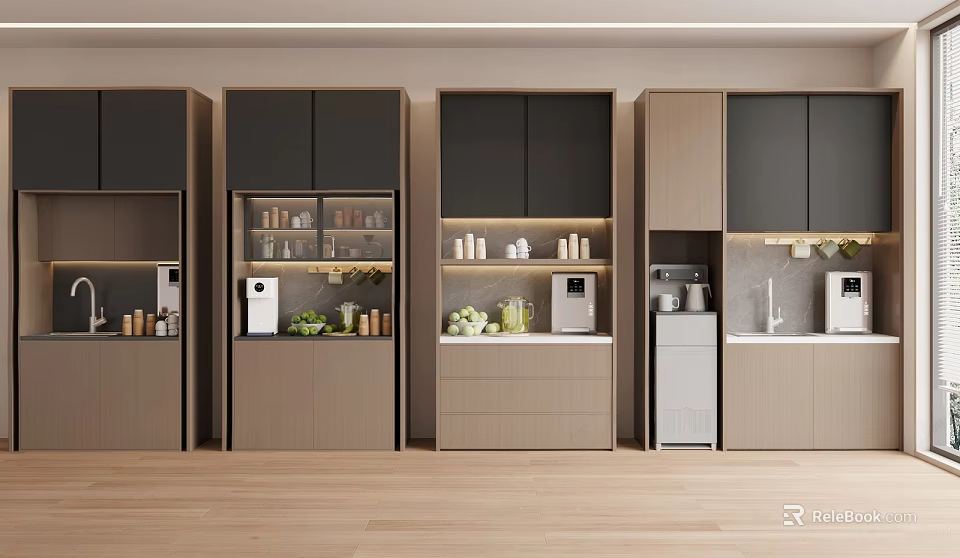 Modern Sideboard With Dark Light Doors Glass Panels Built In Appliances And Interior Lighting 3d model 